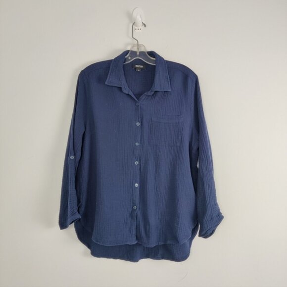 Women's Kenneth Cole Reaction Navy Cotton Button Down Shirt Sz Large Seersucker - Picture 1 of 7